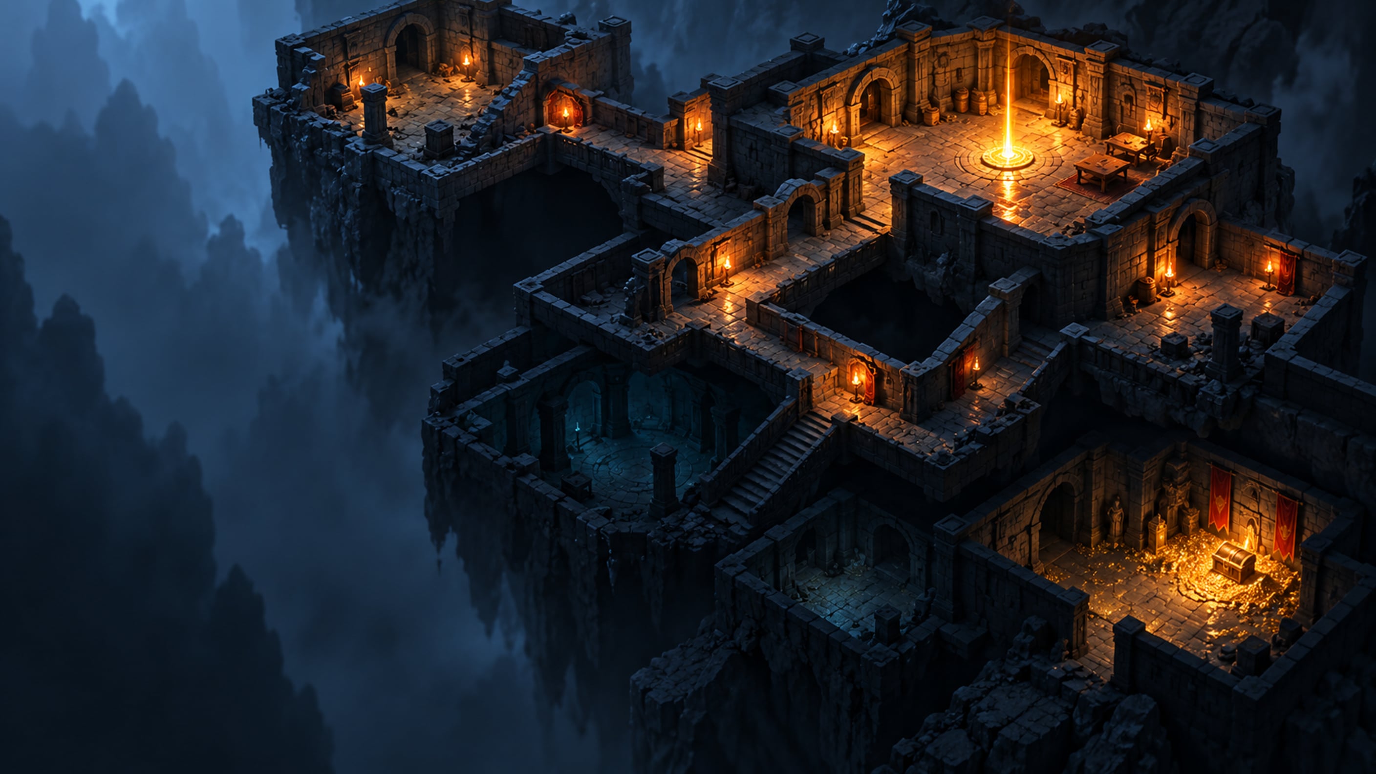 Torch-lit dungeon chambers connected by branching corridors, with a glowing marker and treasure below